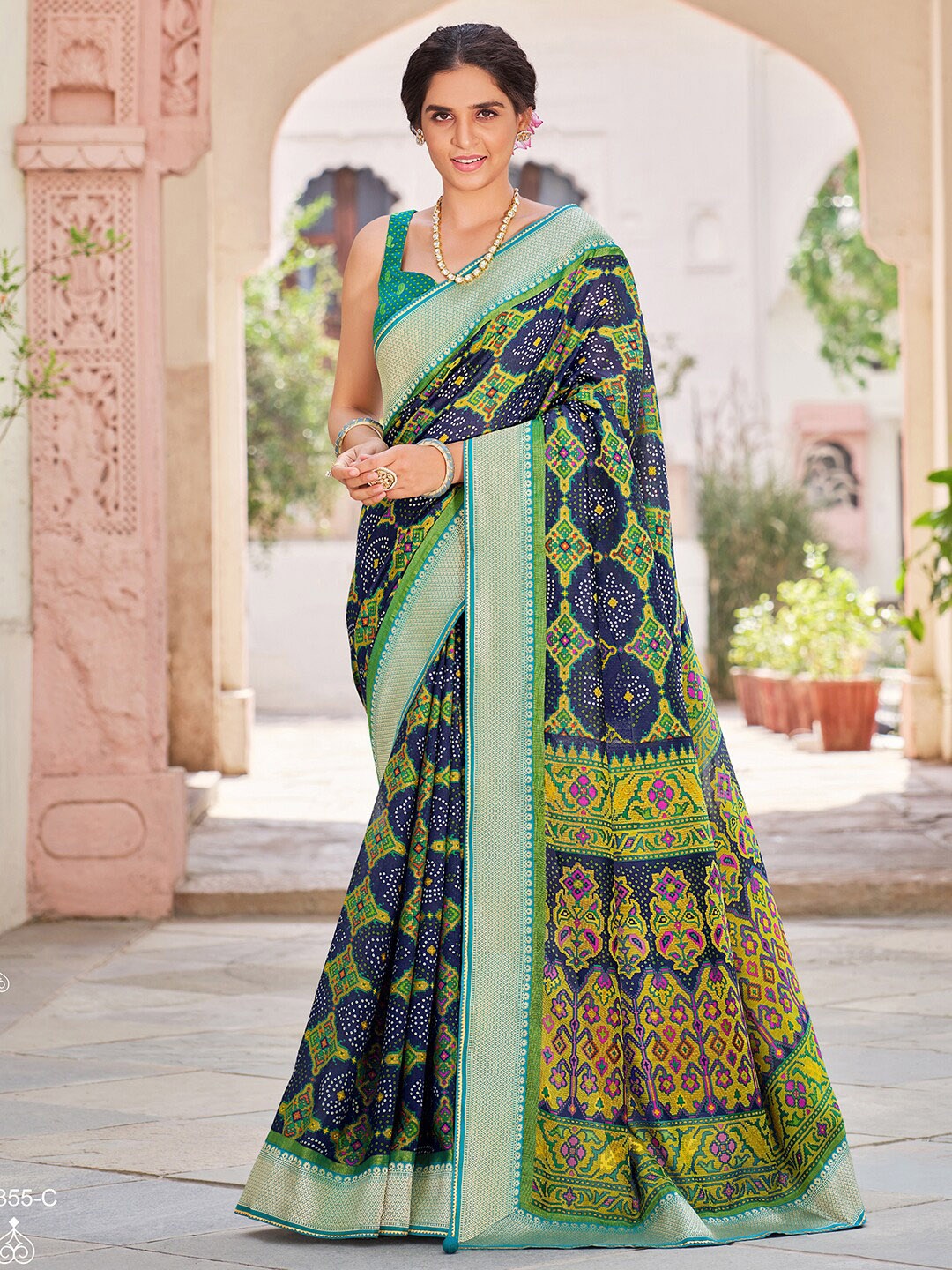 

Anouk Navy Blue & Green Bandhani Printed Zari Pure Georgette Bandhani Saree