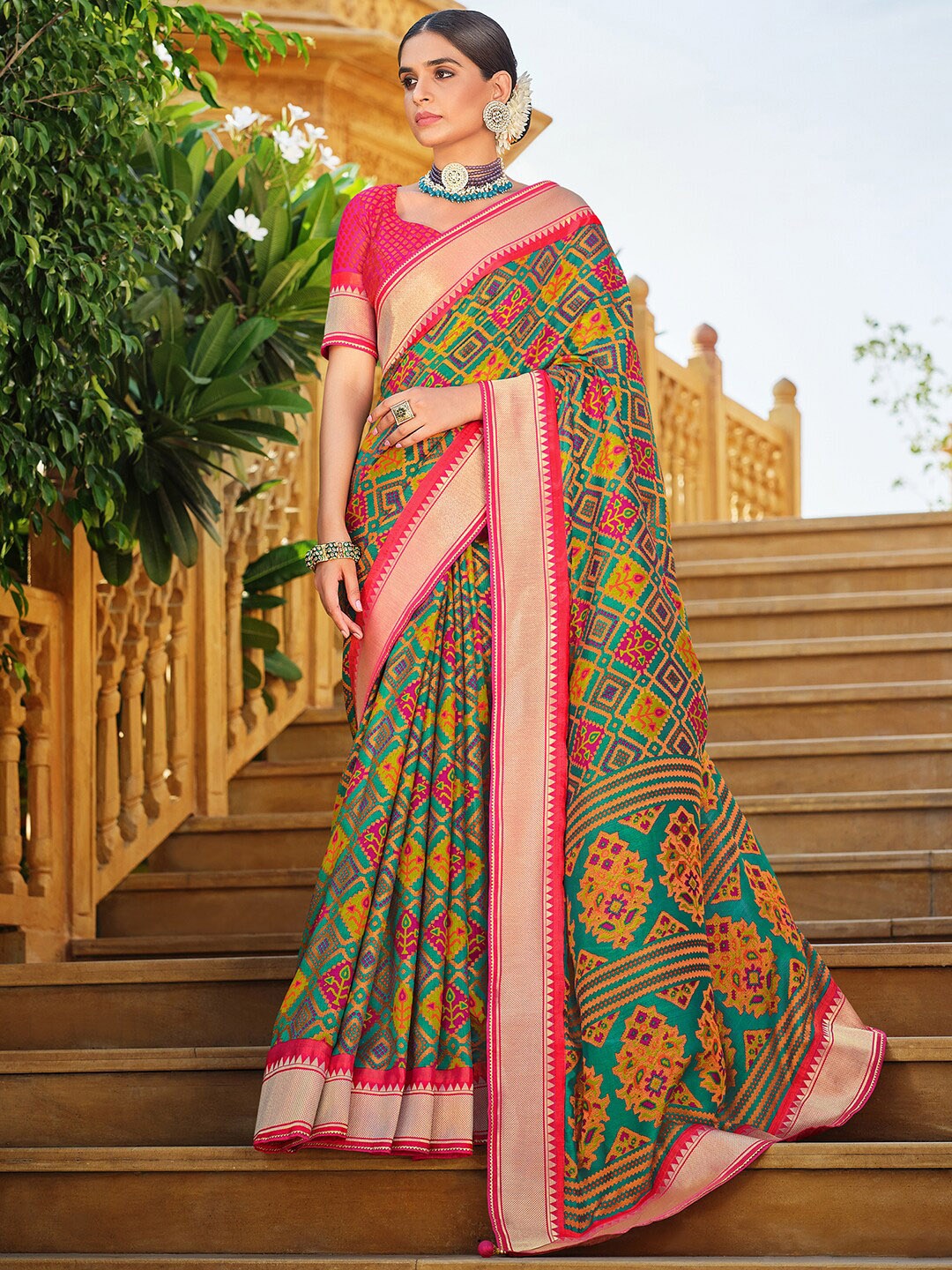 

Anouk Ethnic Motif Zari Pure Georgette Pochampally Saree With Blouse Piece, Teal