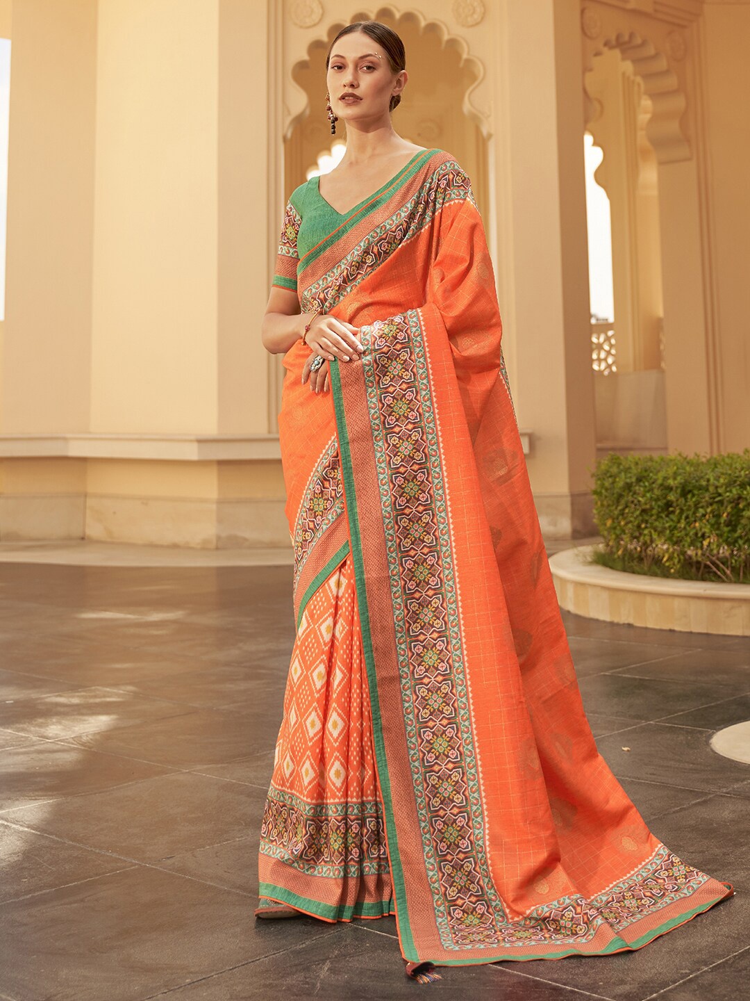 

Anouk Orange & Green Checked Zari Bagru Saree