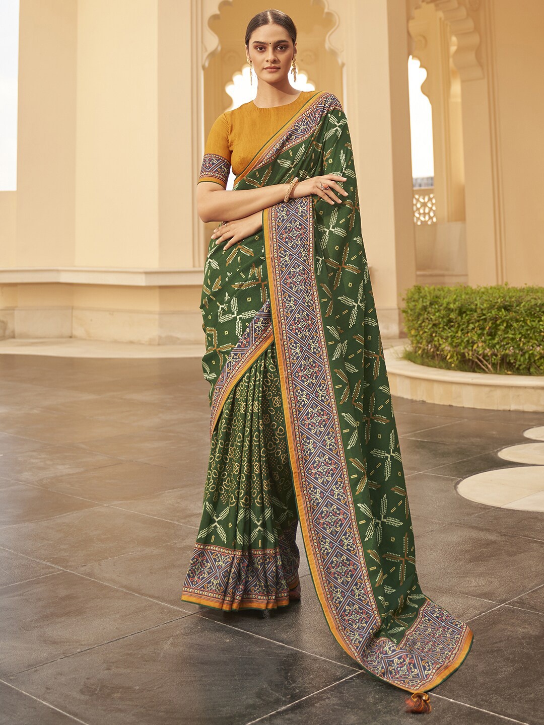 Anouk Green & Yellow Ethnic Motifs Printed Bagru Saree