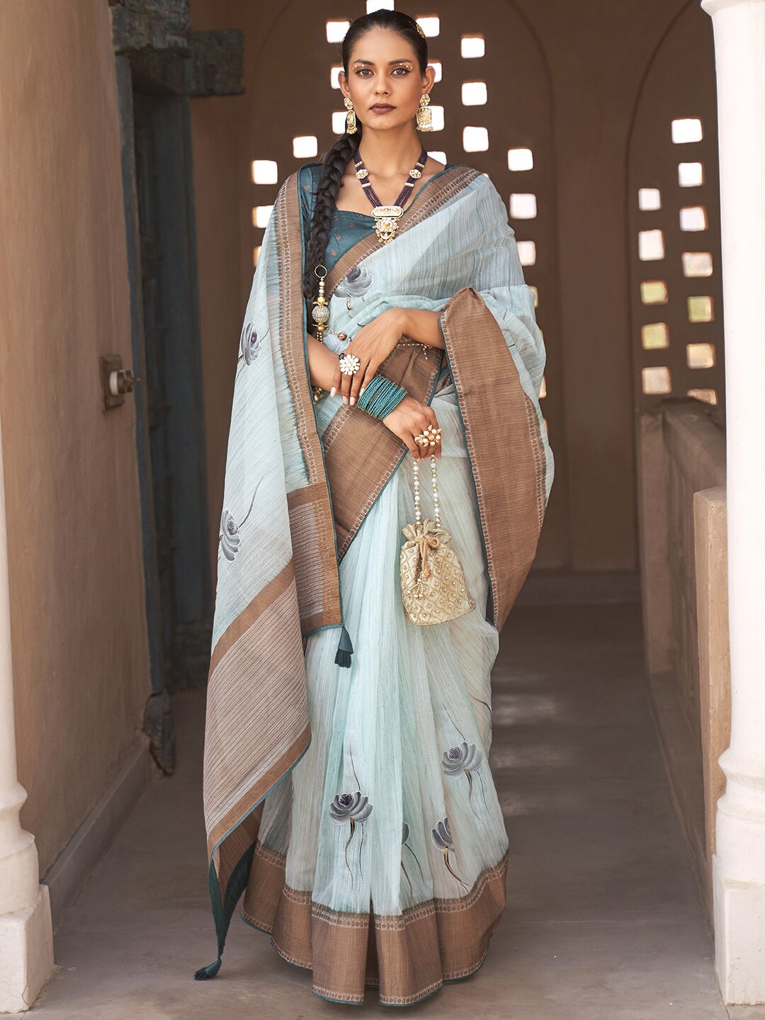 

Anouk Blue & Gold-Toned Floral Printed Banarasi Saree