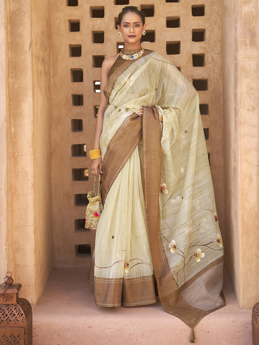 

Anouk Yellow & Brown Floral Printed Saree, Off white