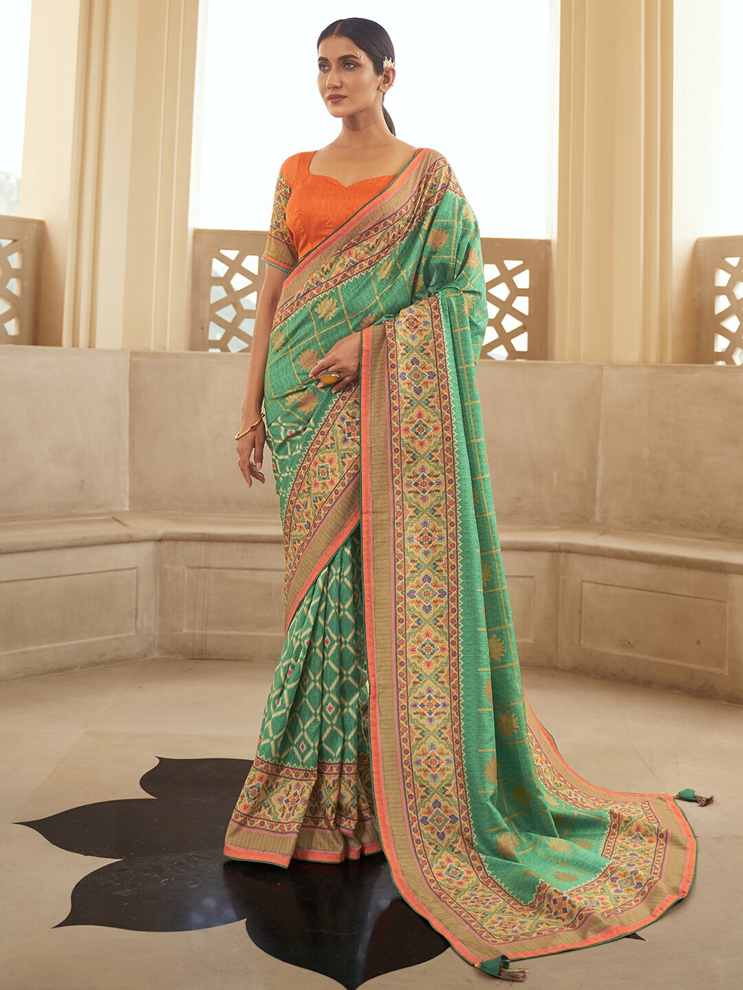 Anouk Sea Green & Orange Ethnic Motifs Printed Bagru Saree
