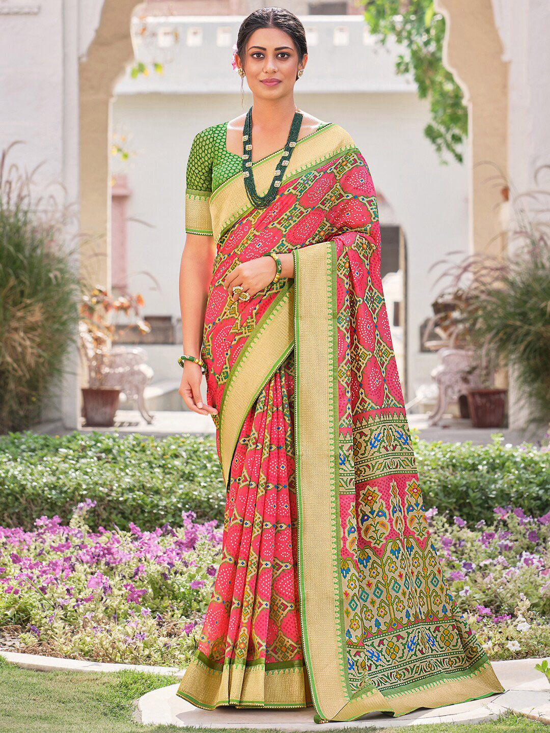 

Anouk Pink & Green Printed Zari Pure Georgette Bandhani Saree