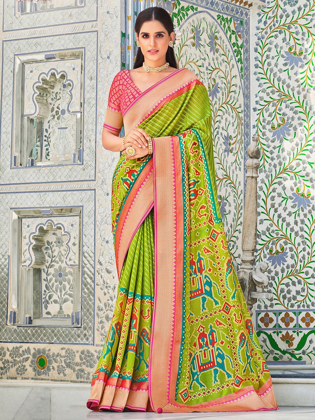 

Anouk Green & Pink Ethnic Motifs Zari Pure Georgette Patola Saree