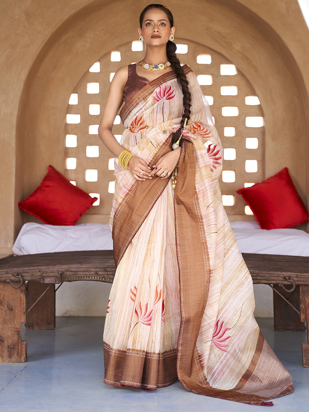 

Anouk Cream-Coloured & Brown Floral Printed Banarasi Saree