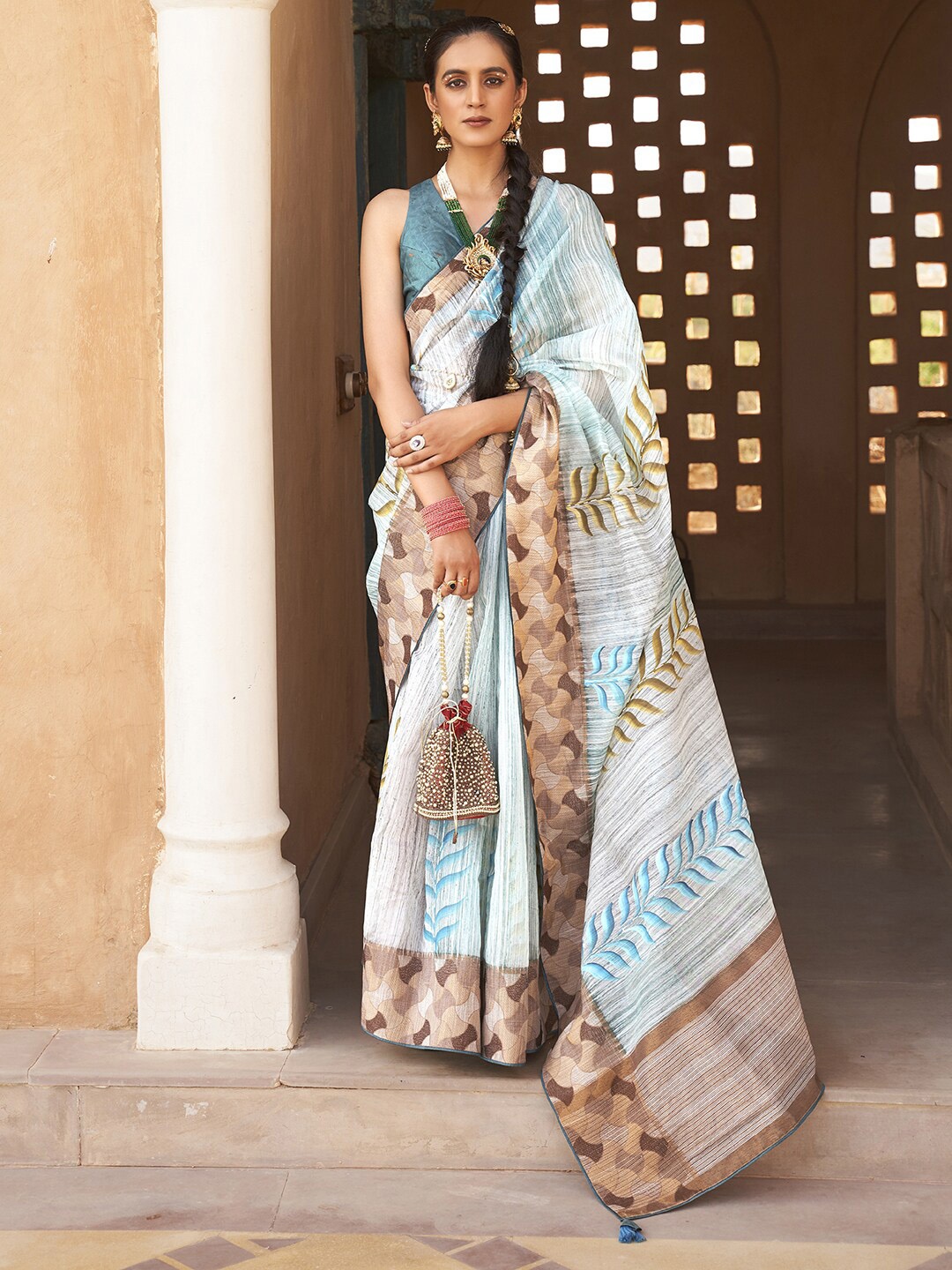 

Anouk Blue & Brown Floral Printed Banarasi Saree