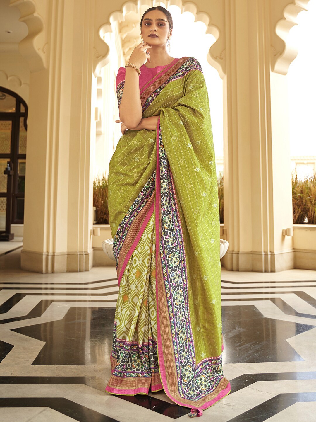 

Anouk Ethnic Motifs Woven Design Silk Blend Bagru Saree, Olive