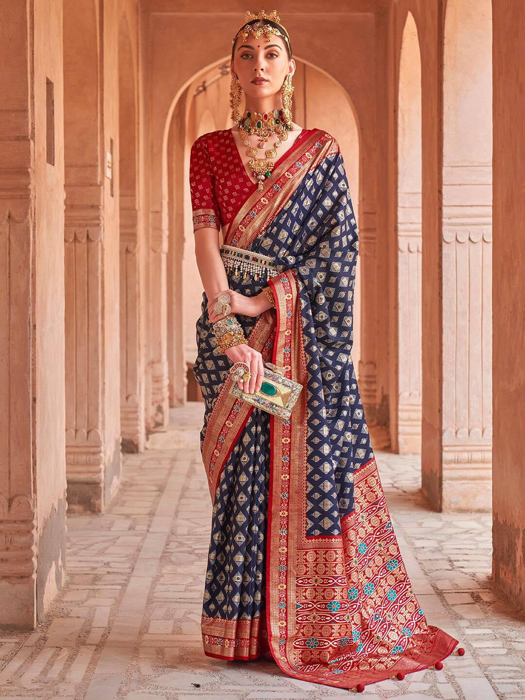 

Anouk Navy Blue & Red Ethnic Motifs Woven Design Zari Banarasi Saree
