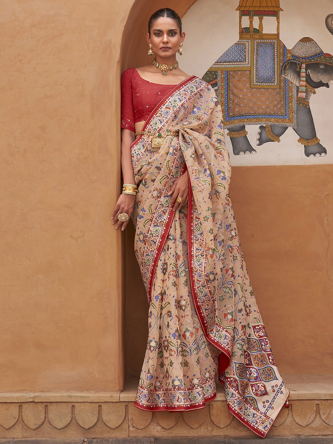 Anouk Cream-Coloured & Red Floral Printed Organza Saree