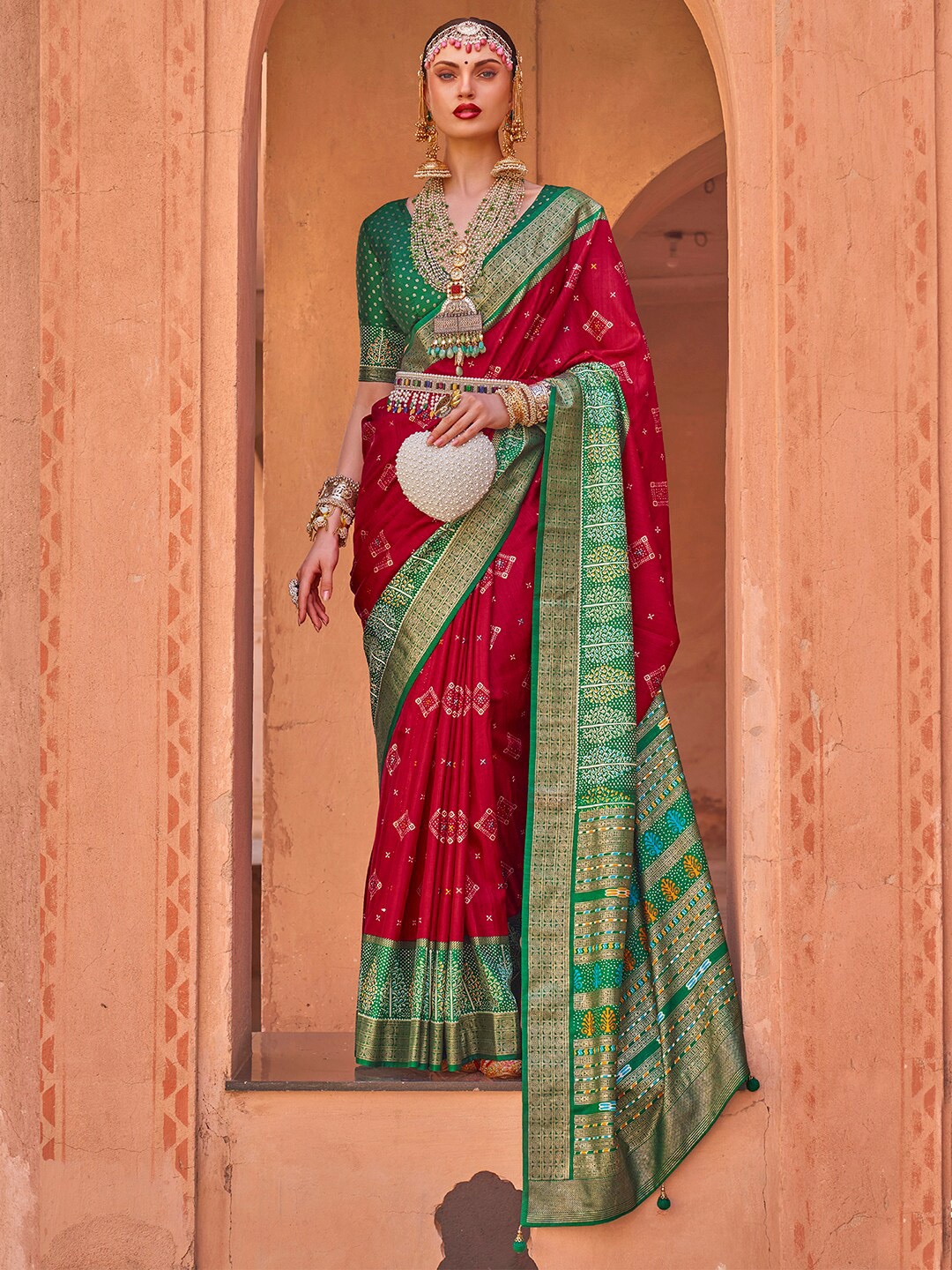 Anouk Red & Green Ethnic Motifs Woven Design Zari Saree