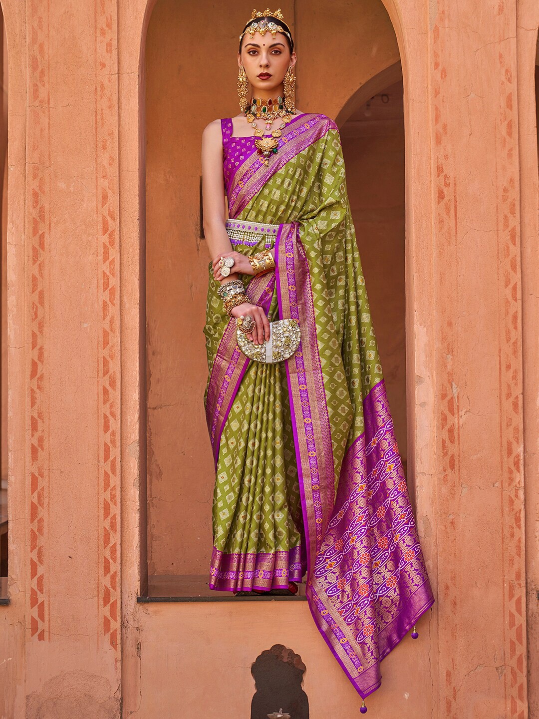

Anouk Olive Green & Purple Geometric Woven Design Zari Banarasi Saree
