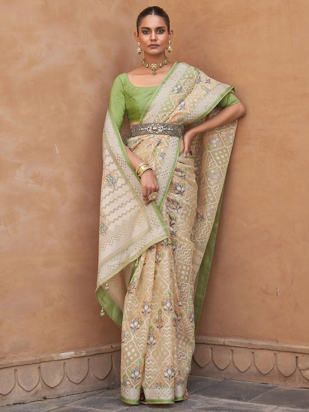 

Anouk Cream-Coloured & Green Floral Printed Beads and Stones Organza Banarasi Saree