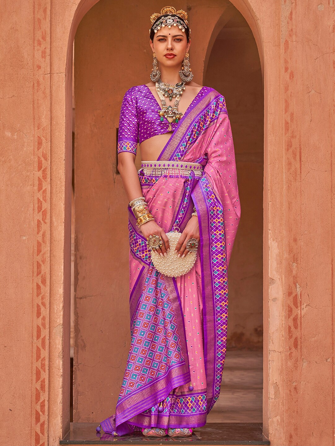 Anouk Pink & Blue Ethnic Motifs Woven Design Zari Saree