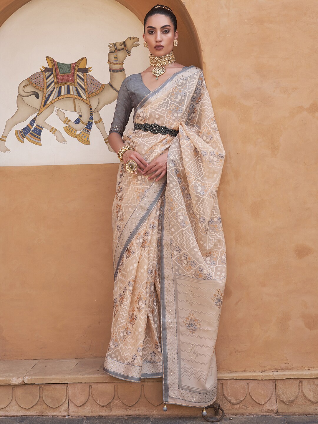 

Anouk Cream-Coloured & Grey Floral Printed Beads and Stones Organza Saree