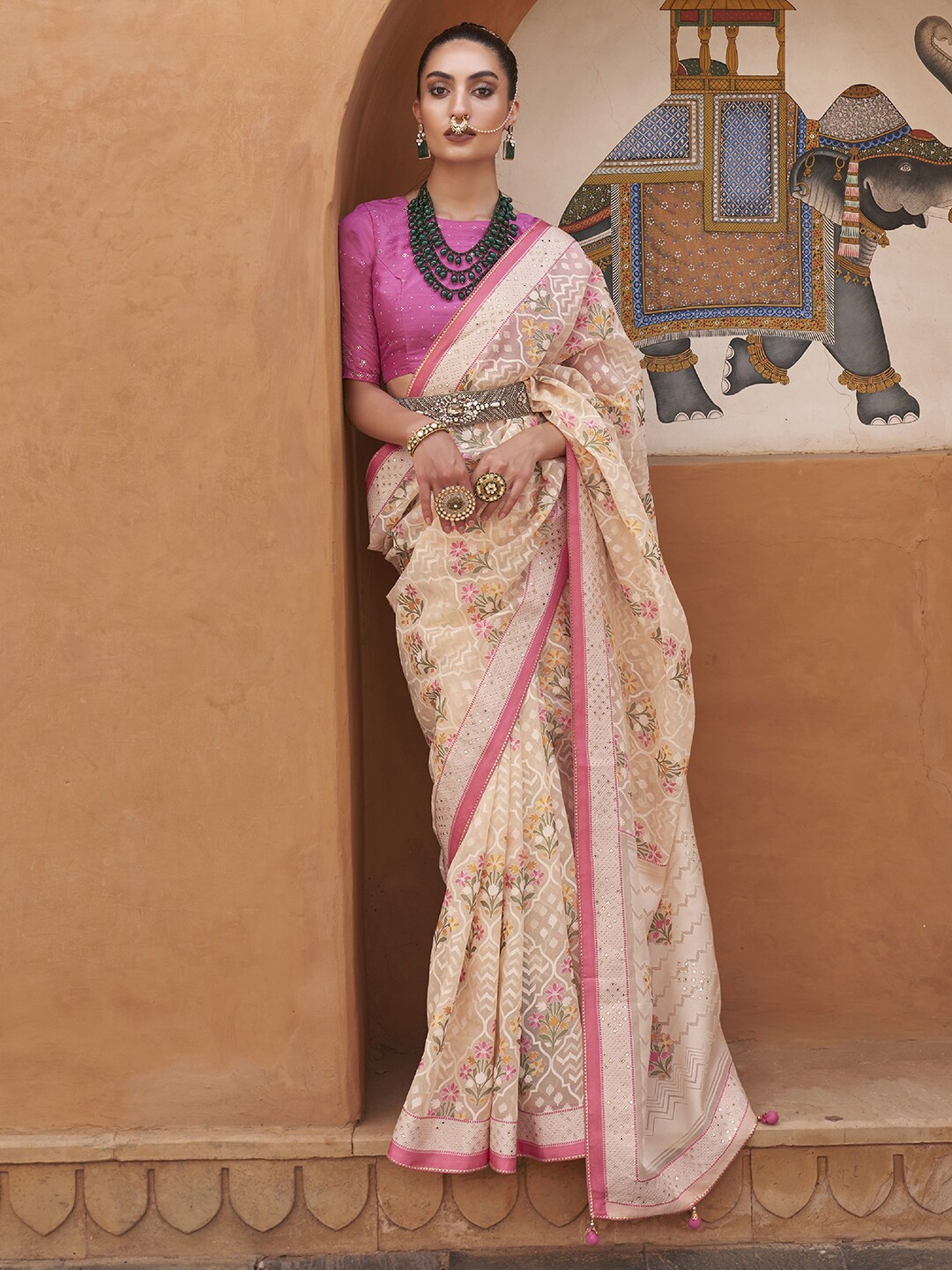 

Anouk Cream-Coloured & Pink Floral Printed Gotta Patti Organza Saree