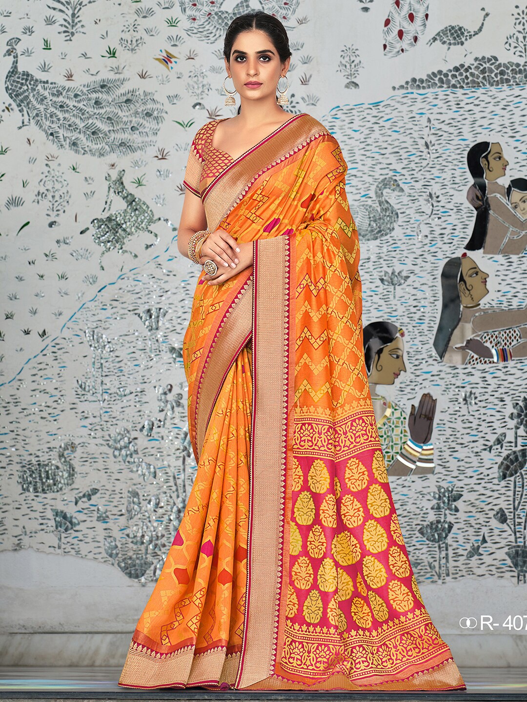 Anouk Ethnic Motifs Printed Zari Pure Georgette Pochampally Saree, Mustard