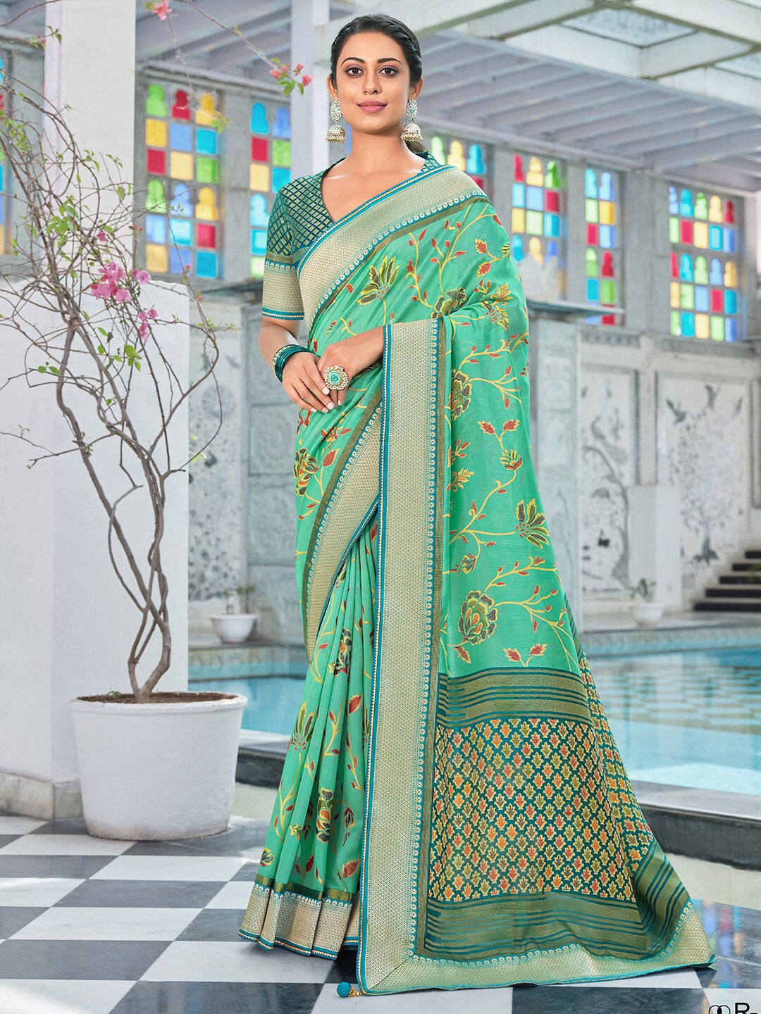 

Anouk Ethnic Motifs Printed Zari Pure Georgette Pochampally Saree, Sea green