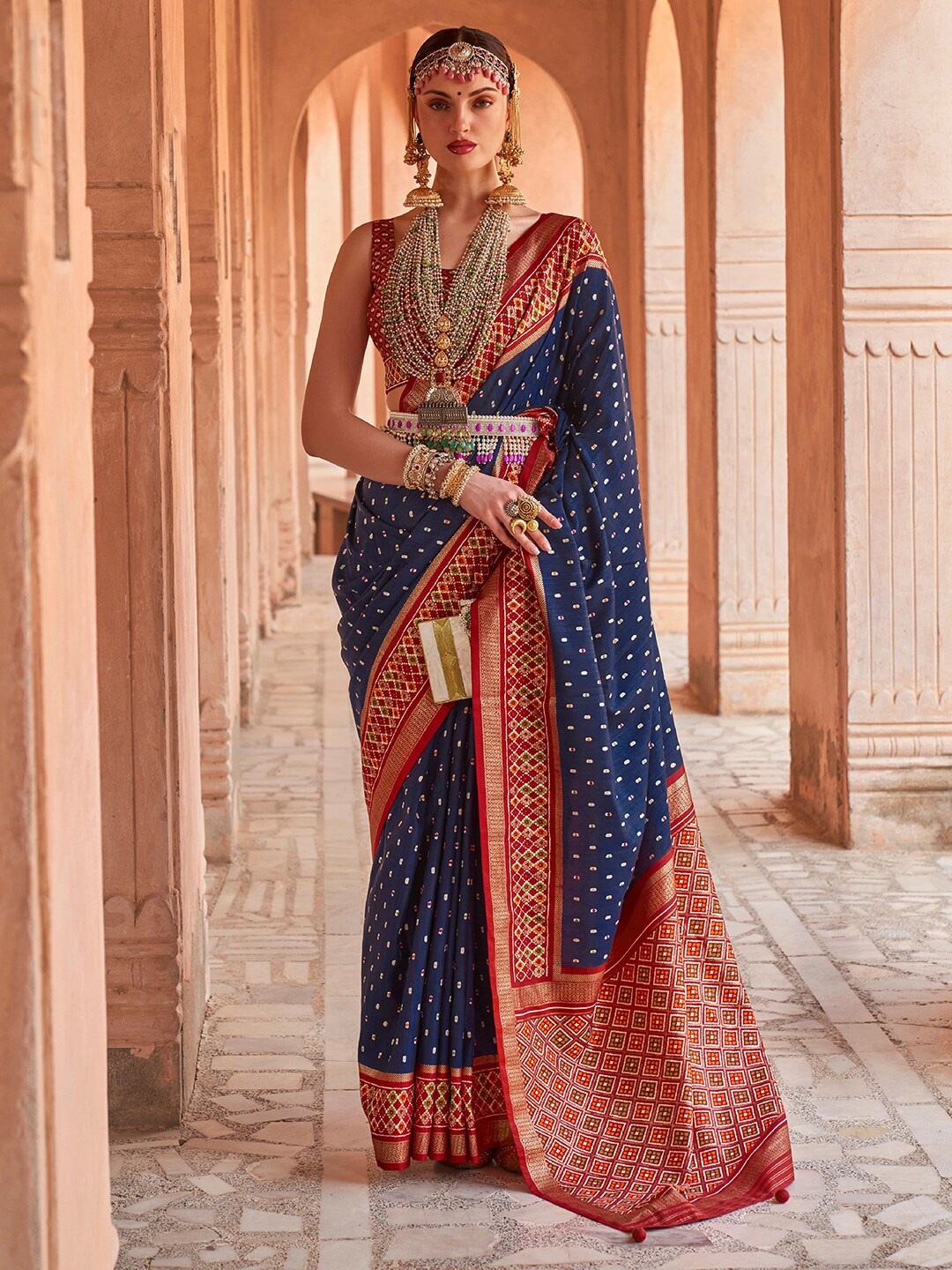 

Anouk Ethnic Motifs Woven Design Zari Silk Blend Banarasi Saree, Navy blue