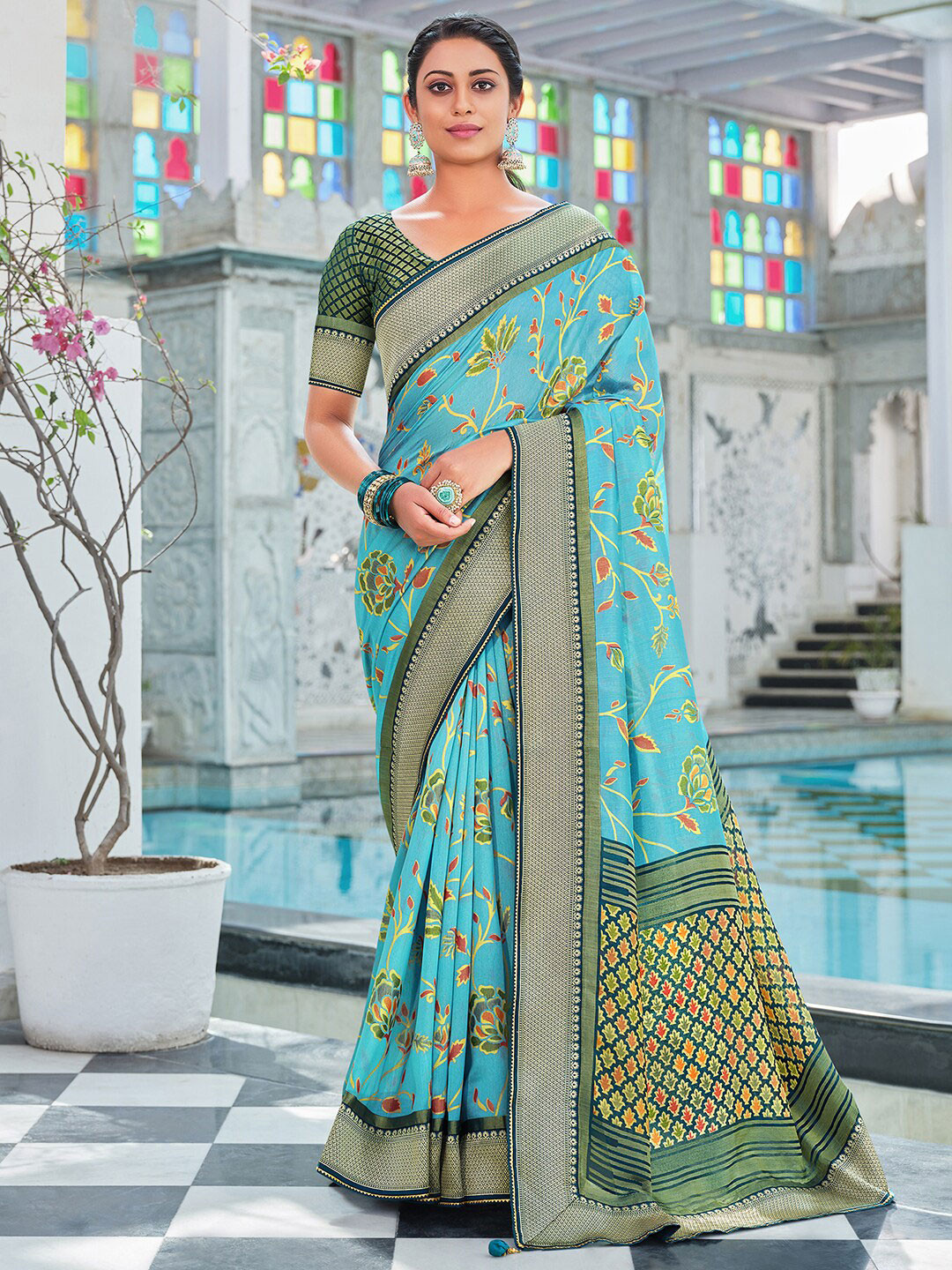 

Anouk Ethnic Motifs Zari Pure Georgette Pochampally Saree, Blue