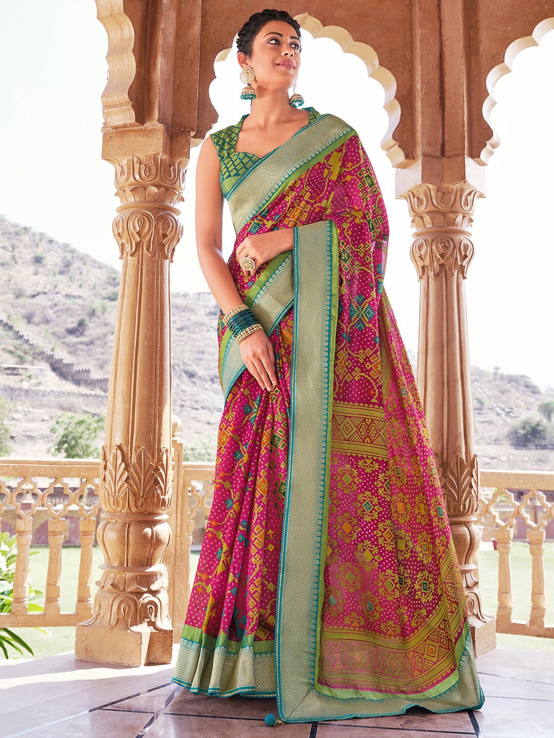 

Anouk Magenta & Grey Bandhani Printed Zari Pure Georgette Saree