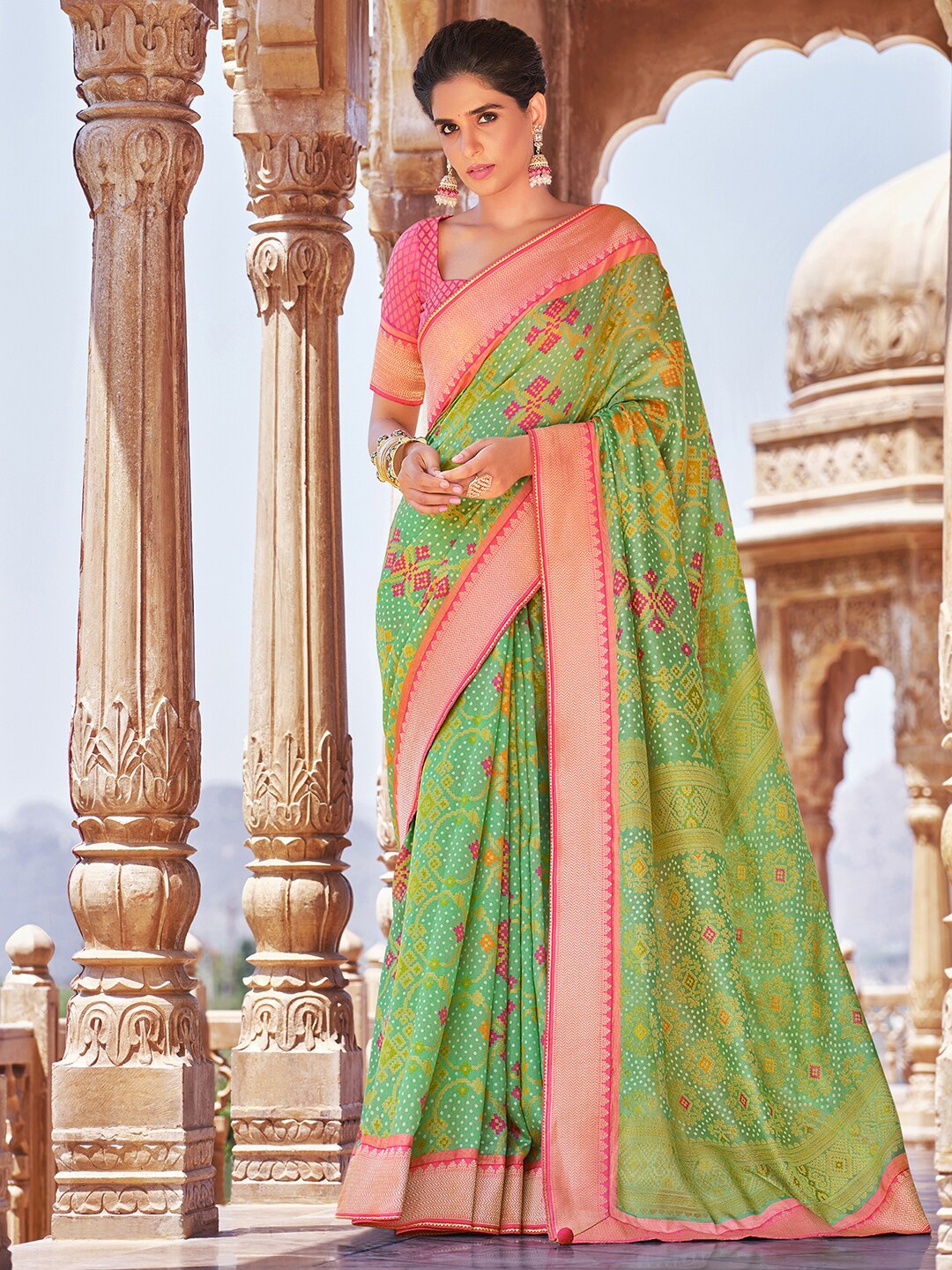 

Anouk Green & Pink Bandhani Zari Pure Georgette Bandhani Saree