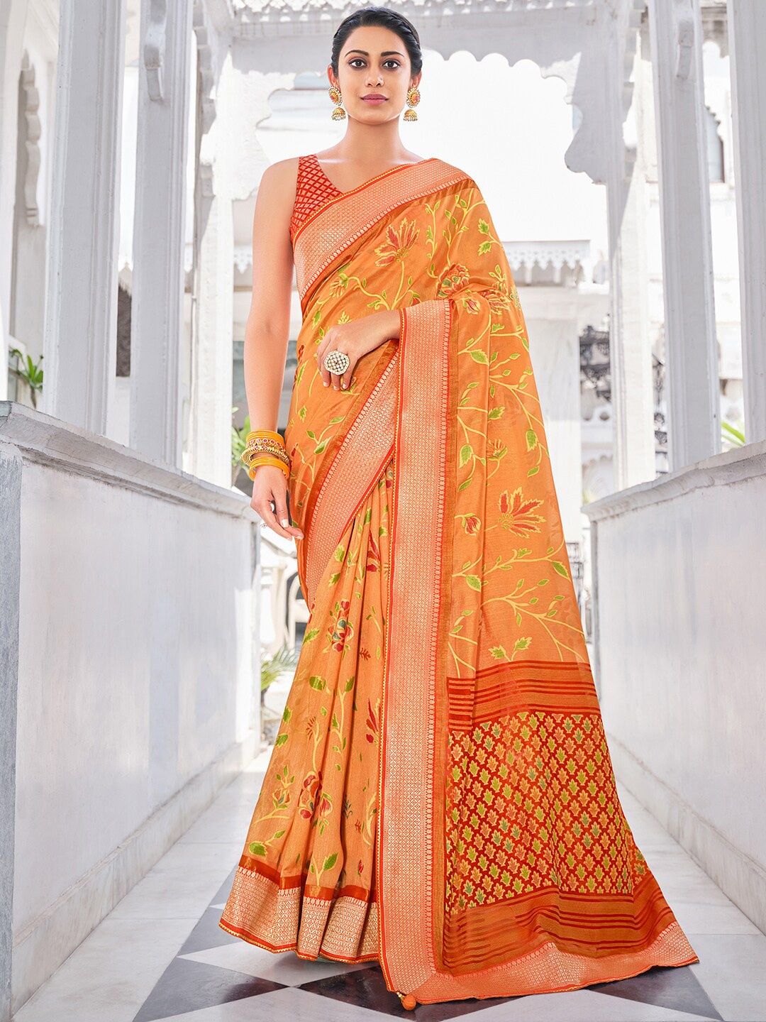 Anouk Orange & Green Ethnic Motifs Zari Pure Georgette Pochampally Saree