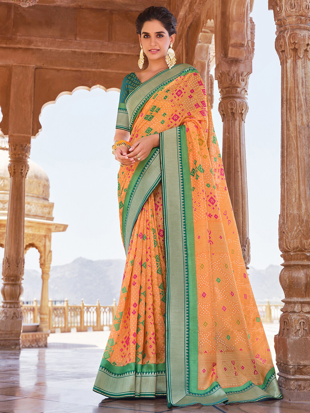 

Anouk Bandhani Printed Zari Pure Georgette Saree, Peach