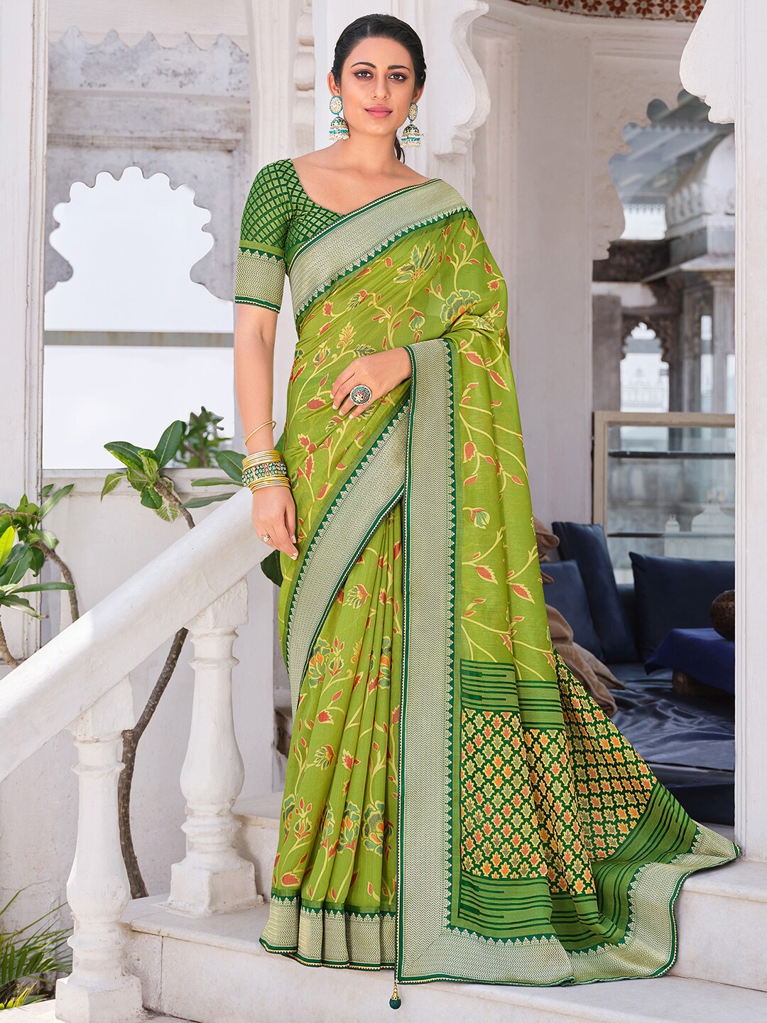 

Anouk Ethnic Motifs Printed Zari Pure Georgette Pochampally Saree, Green