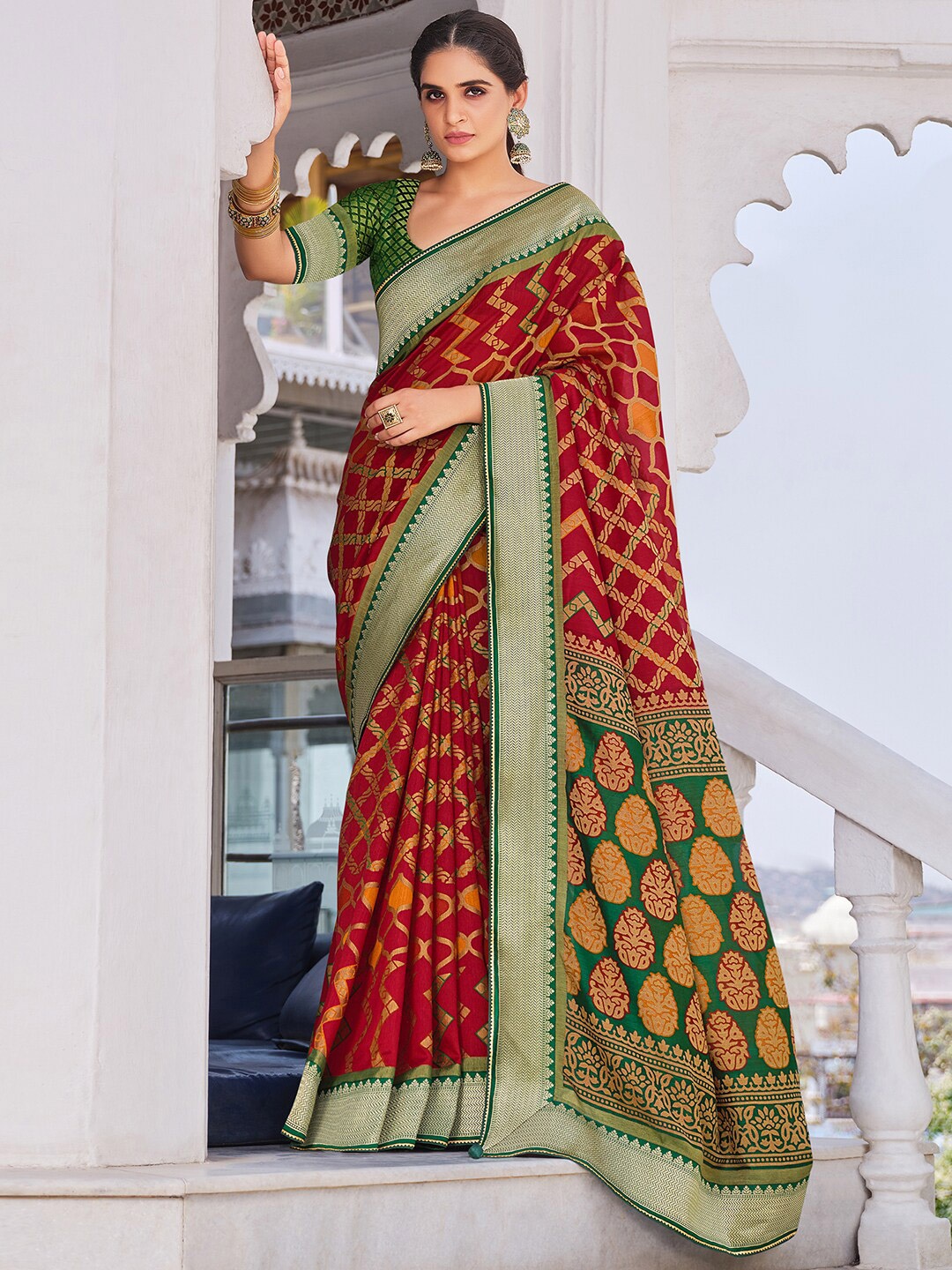 

Anouk Red Motifs Printed Zari Pure Georgette Pochampally Saree