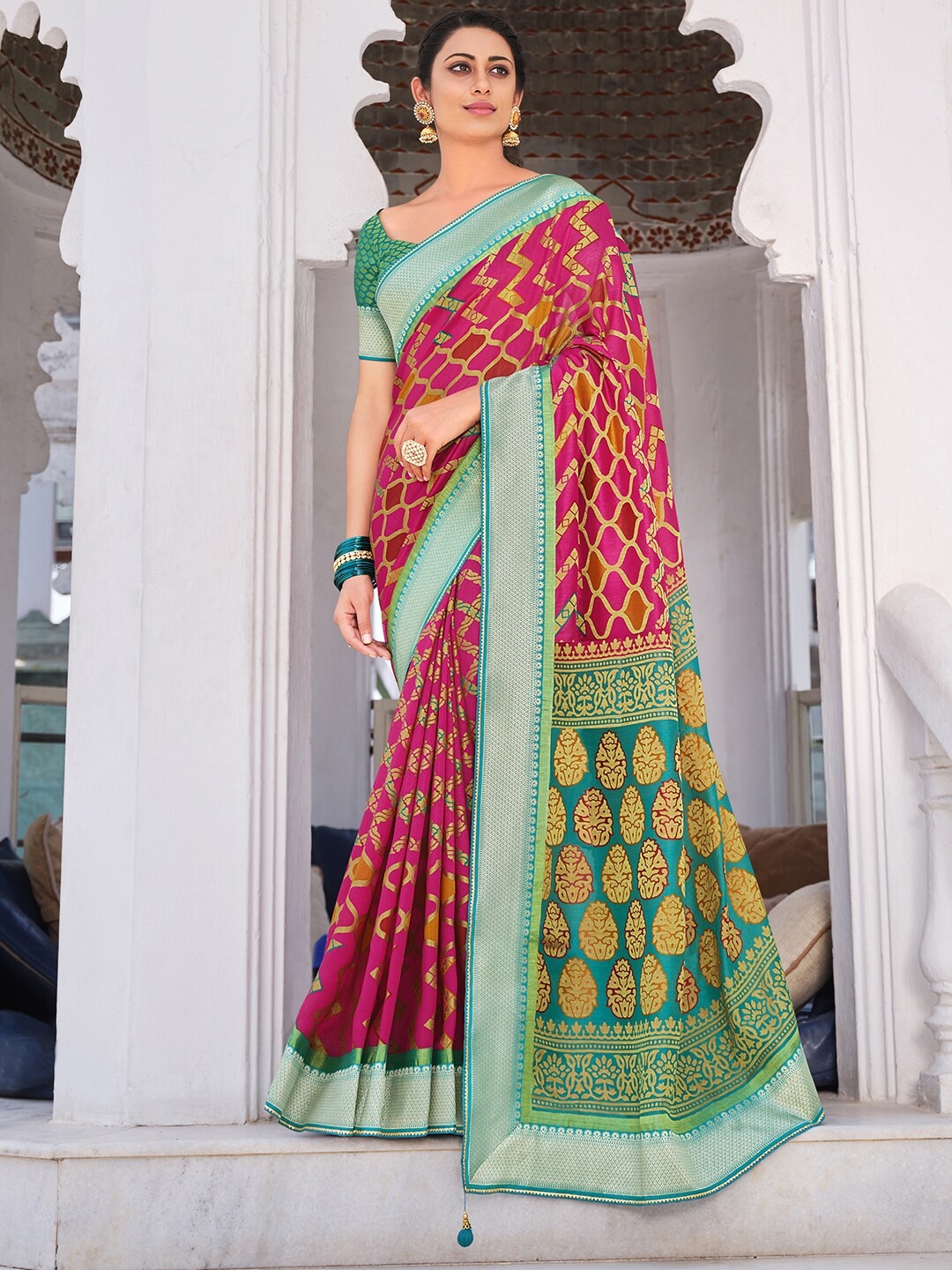 

Anouk Pink Ethnic Motifs Printed Zari Pure Georgette Pochampally Saree
