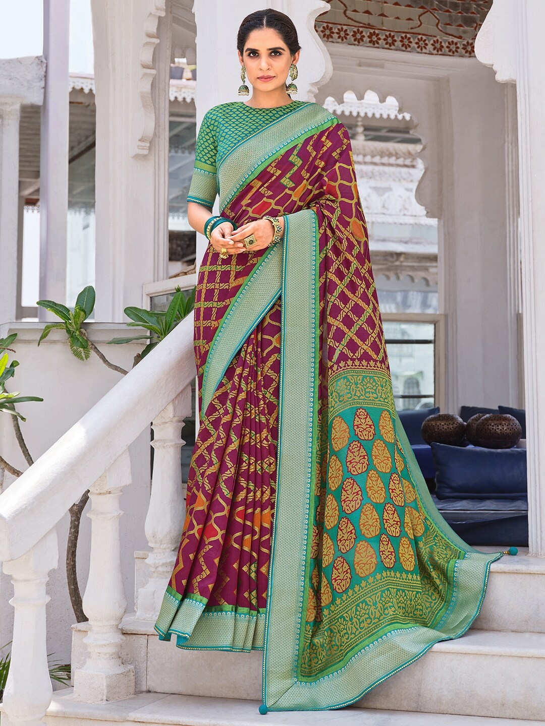 

Anouk Maroon Ethnic Motifs Printed Zari Pure Georgette Pochampally Saree