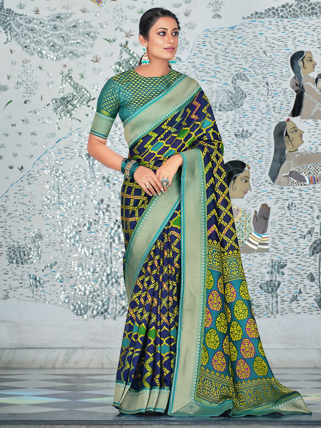 

Anouk Navy Blue & Green Ethnic Motifs Printed Zari Pure Georgette Pochampally Saree