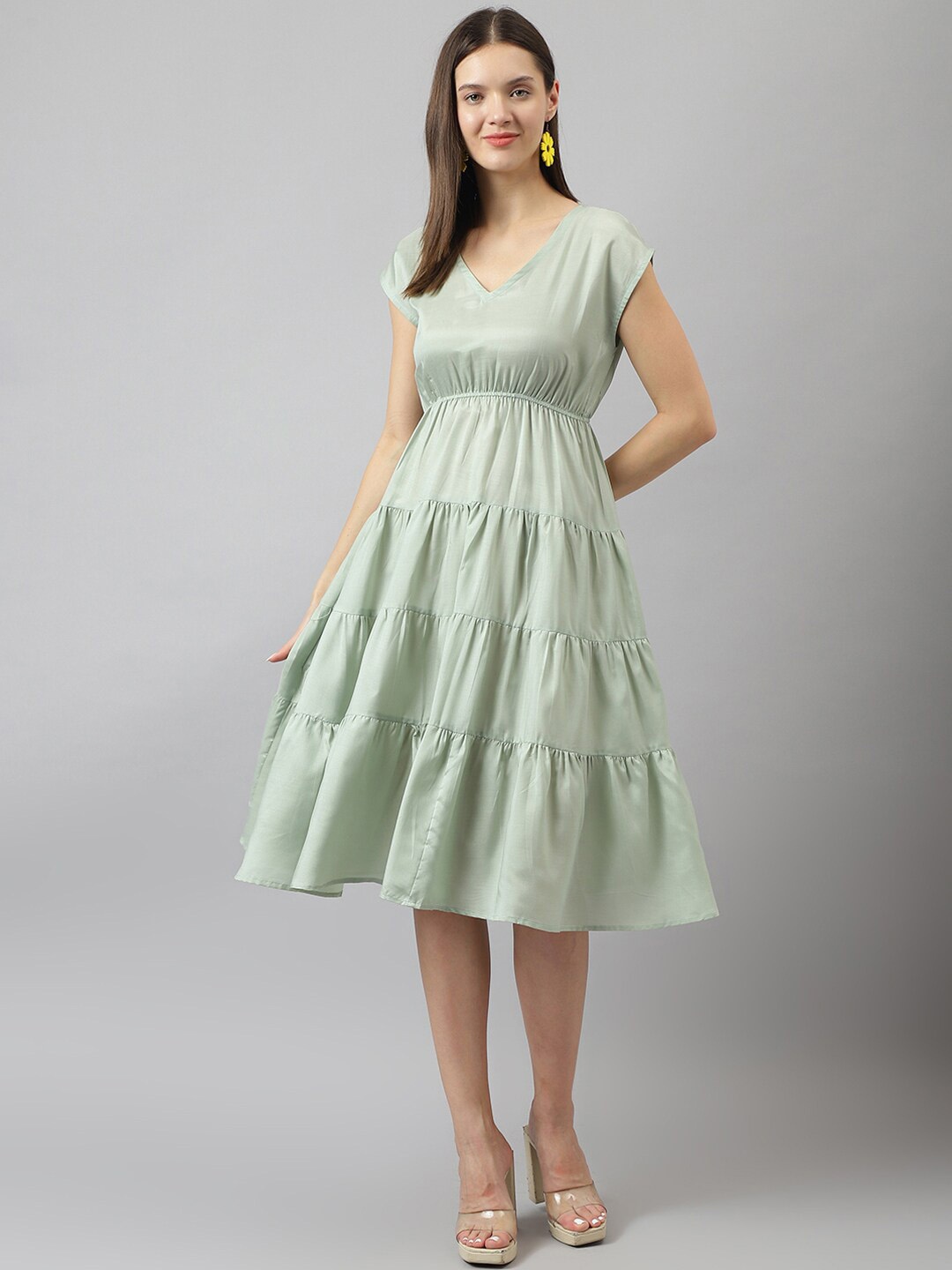 

BAESD Tiered Detailed V-Neck Extended Sleeves Silk Fit & Flare Dress, Sea green