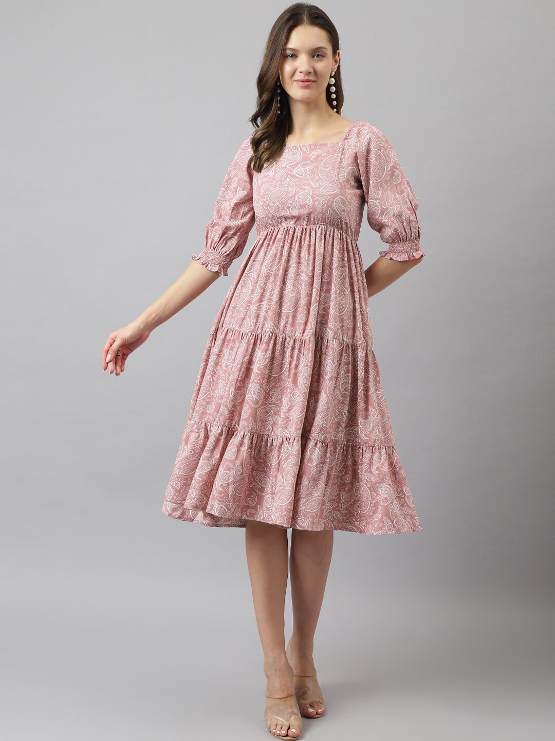 

BAESD Ethnic Motifs Printed Tiered Detailed Puff Sleeves Fit & Flare Dress, Peach