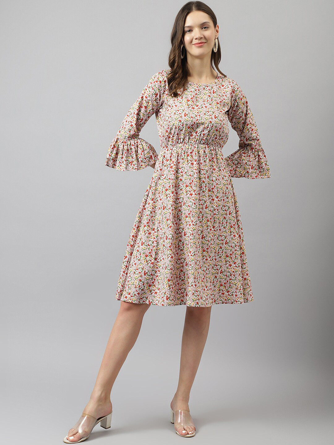 

BAESD Floral Printed Bell Sleeve Fit & Flare Dress, Brown