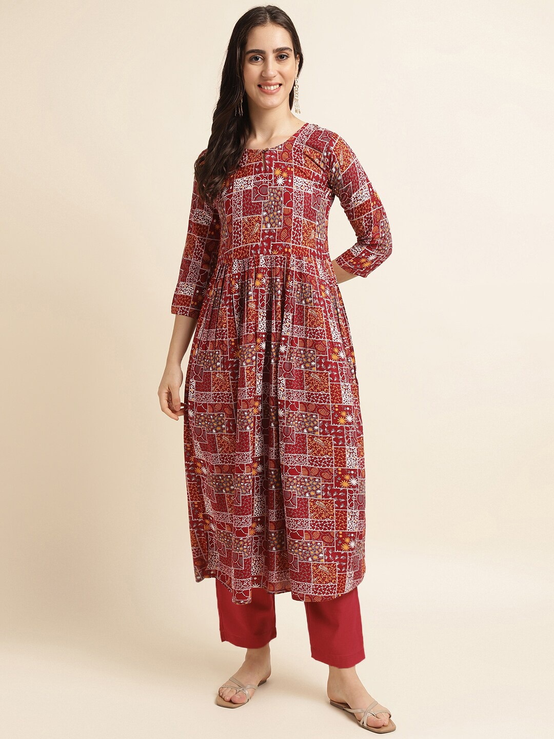 

Fabclub Ethnic Motifs Printed A-Line Pleated Kurta With Trousers, Rust