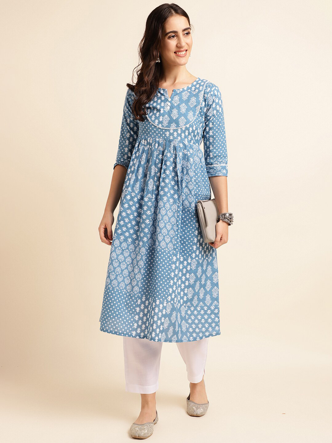 

Fabclub Ethnic Motifs Printed A-Line Pleated Pure Cotton Kurta With Trousers, Blue