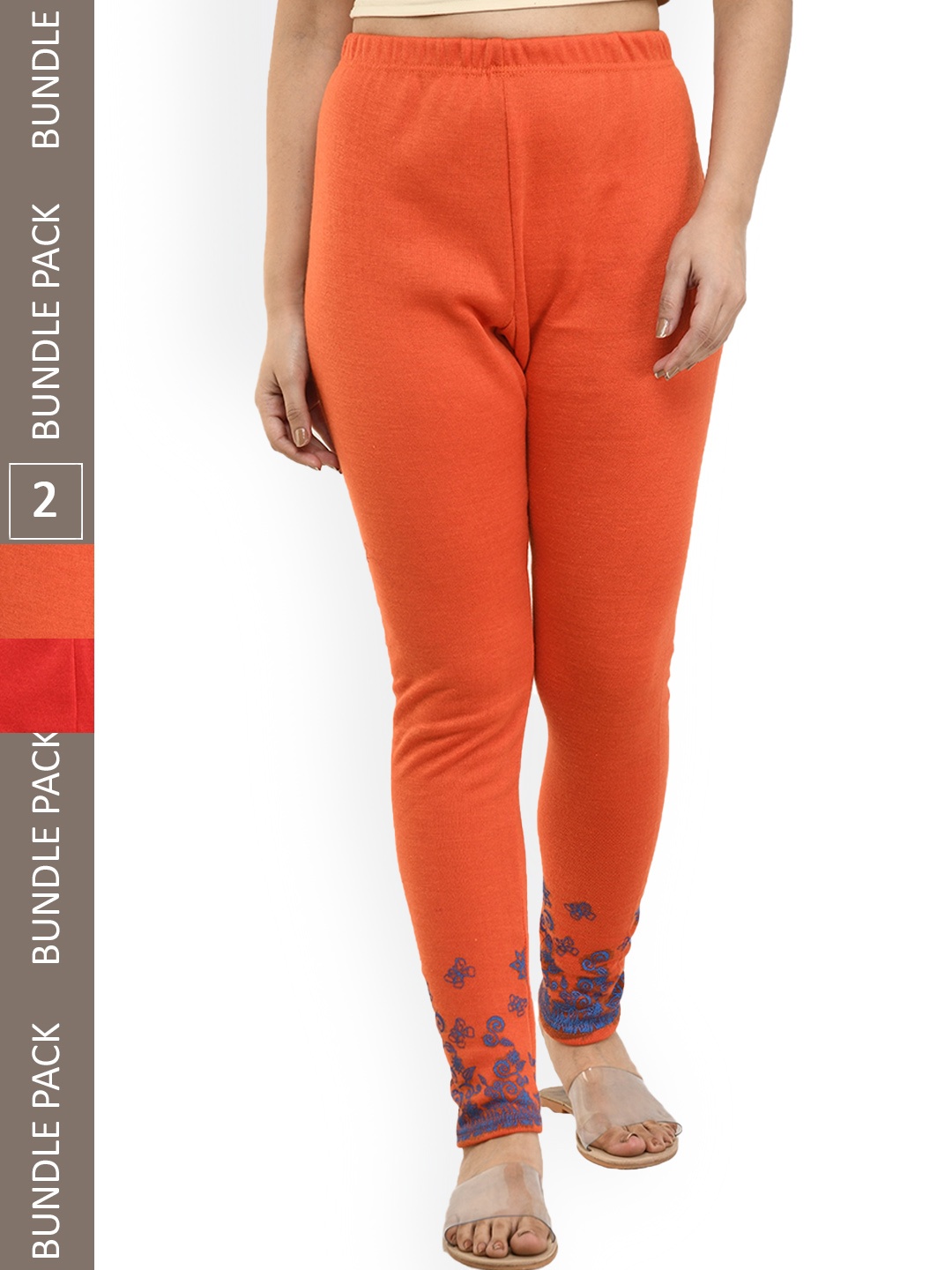 

IndiWeaves Pack Of 2 Printed Woolen Warm Ankle-Length Leggings, Orange