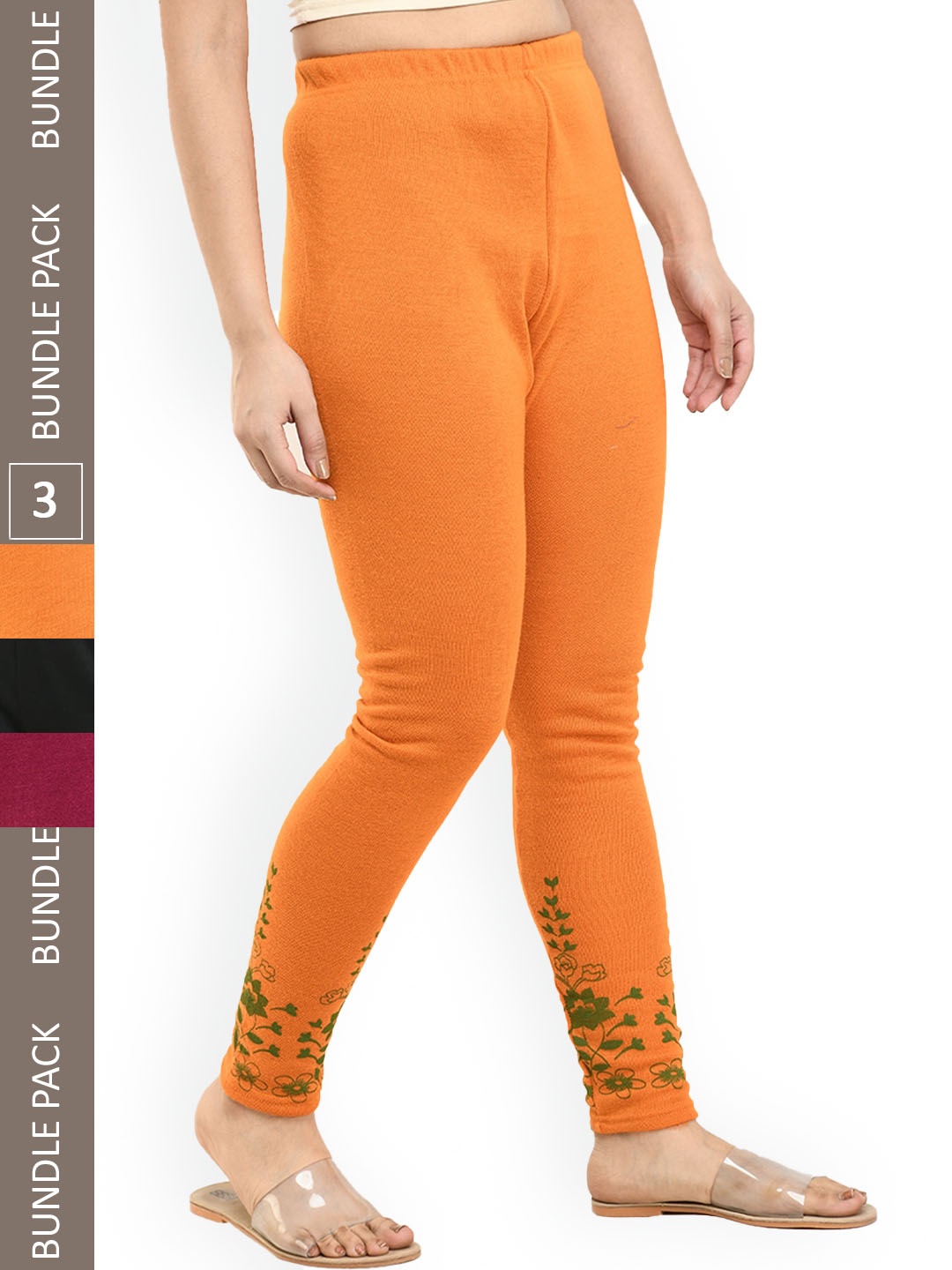 

IndiWeaves Pack of 3 Printed Woolen Warm Ankle-Length Leggings, Yellow