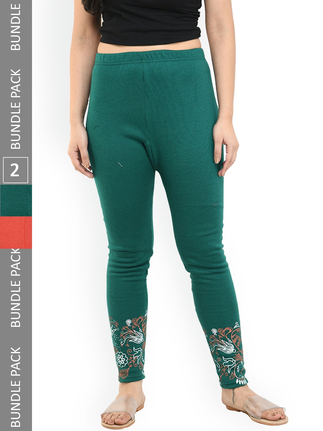 

IndiWeaves Pack Of 2 Printed Ankle-Length Woolen Leggings, Green