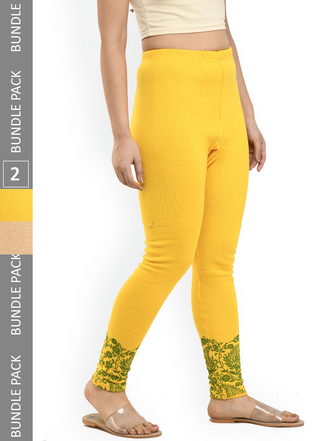 

IndiWeaves Pack Of 2 Printed Woolen Warm Ankle-Length Leggings, Beige