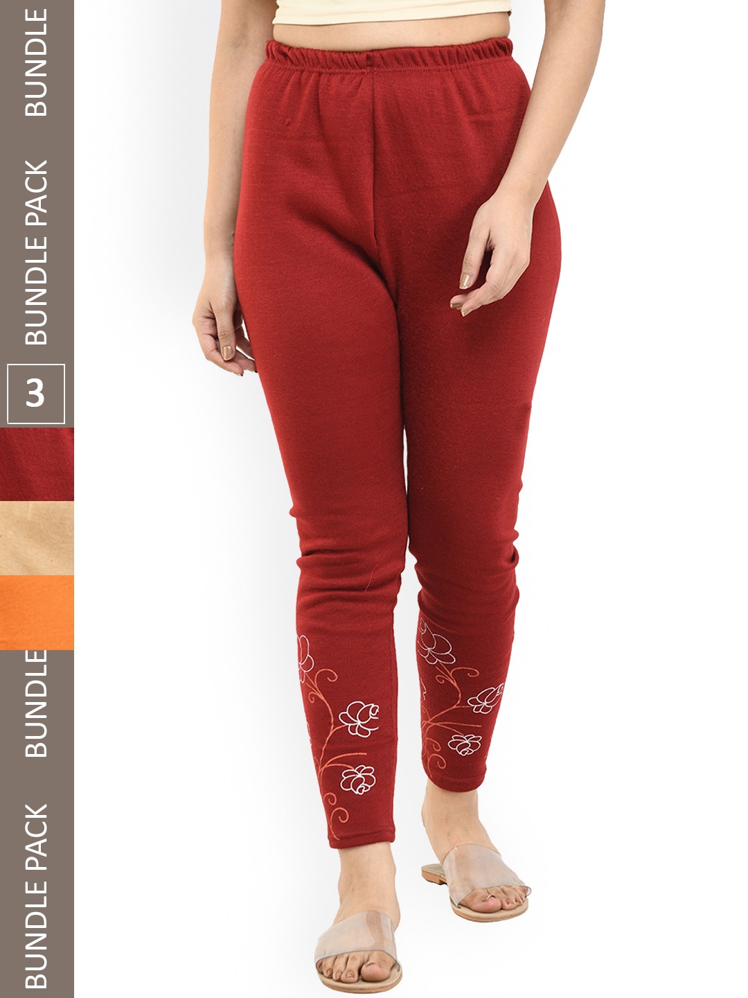 

IndiWeaves Pack Of 3 Printed Ankle-Length Woolen Leggings, Maroon