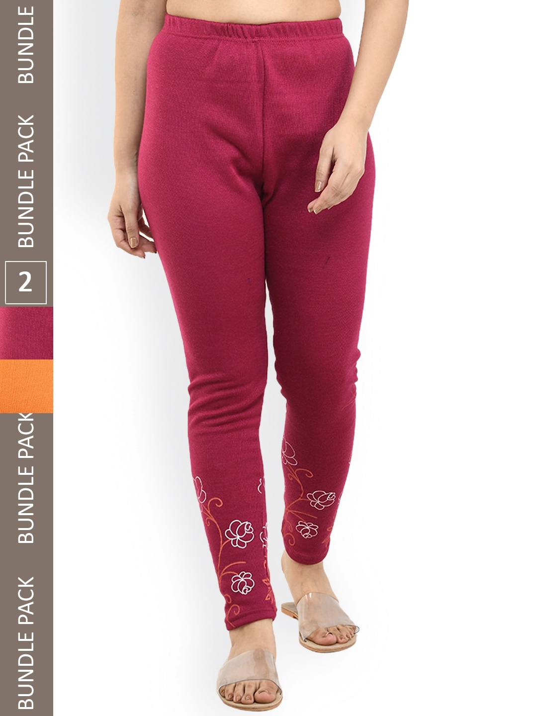 

IndiWeaves Pack Of 2 Printed Woollen Ankle-Length Leggings, Pink