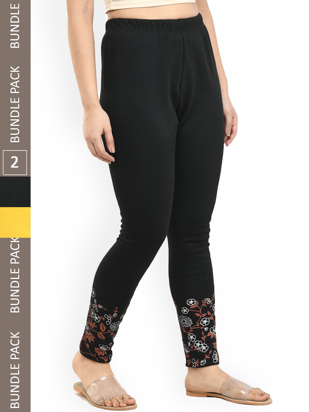 

IndiWeaves Pack Of 2 Printed Woolen Warm Ankle-Length Leggings, Black