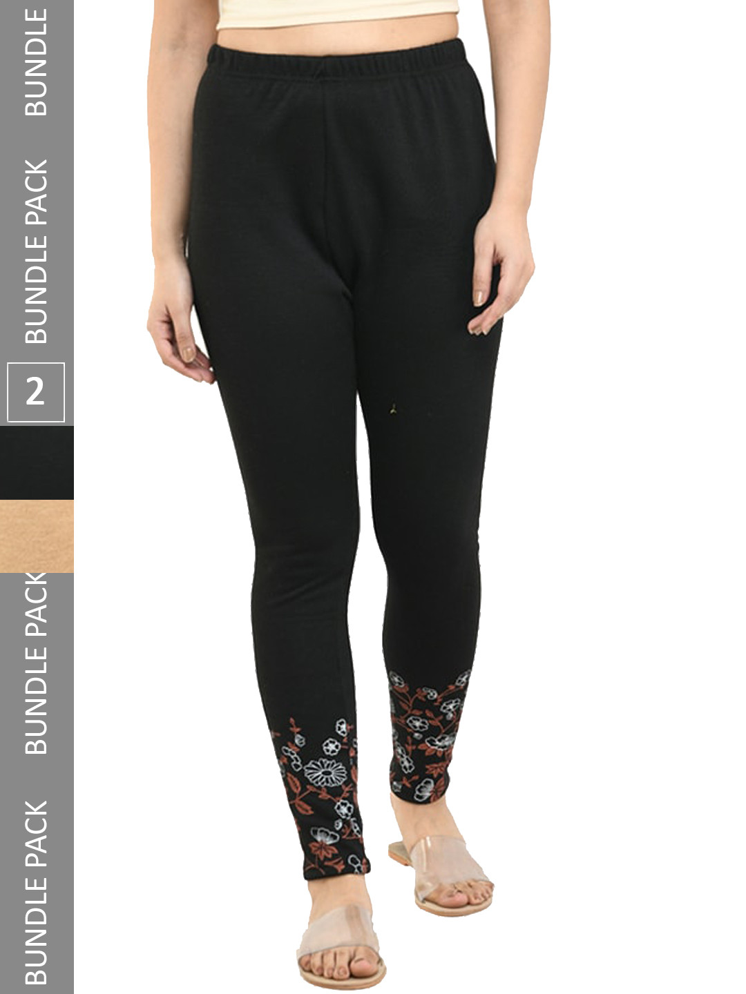 

IndiWeaves Pack Of 2 Printed Woollen Ankle Length Leggings, Black