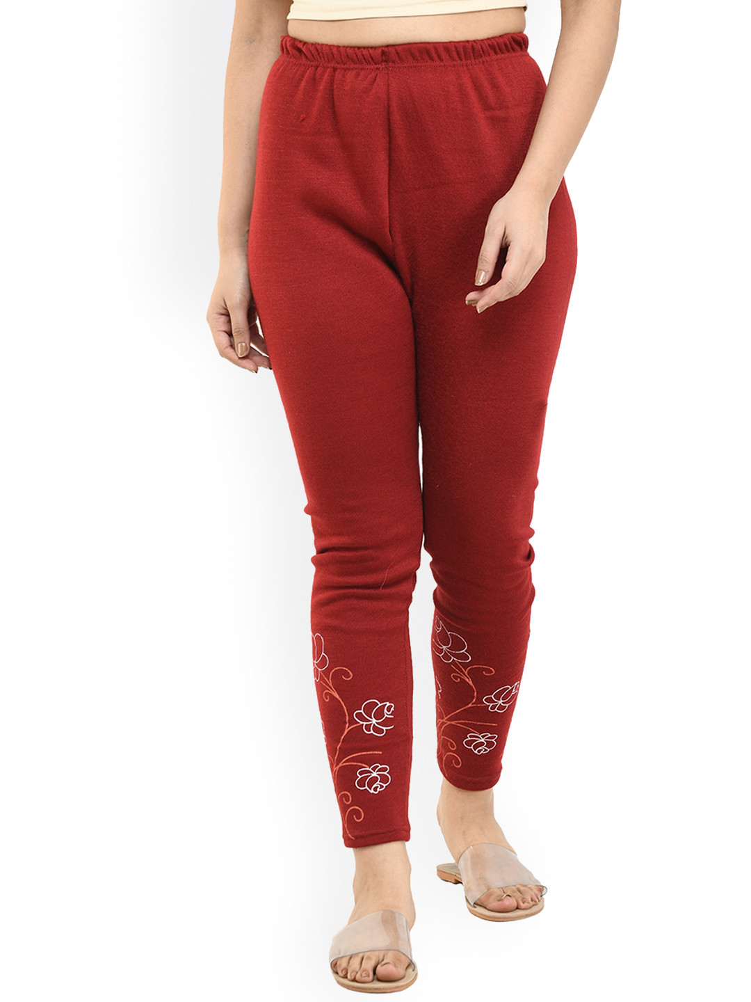 

IndiWeaves Women Printed Woolen Warm Ankle-Length Leggings, Maroon