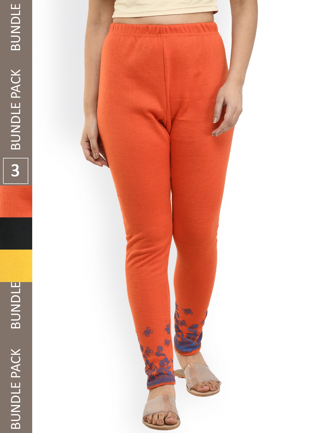 

IndiWeaves Pack Of 3 Printed Ankle-Length Woolen Leggings, Orange