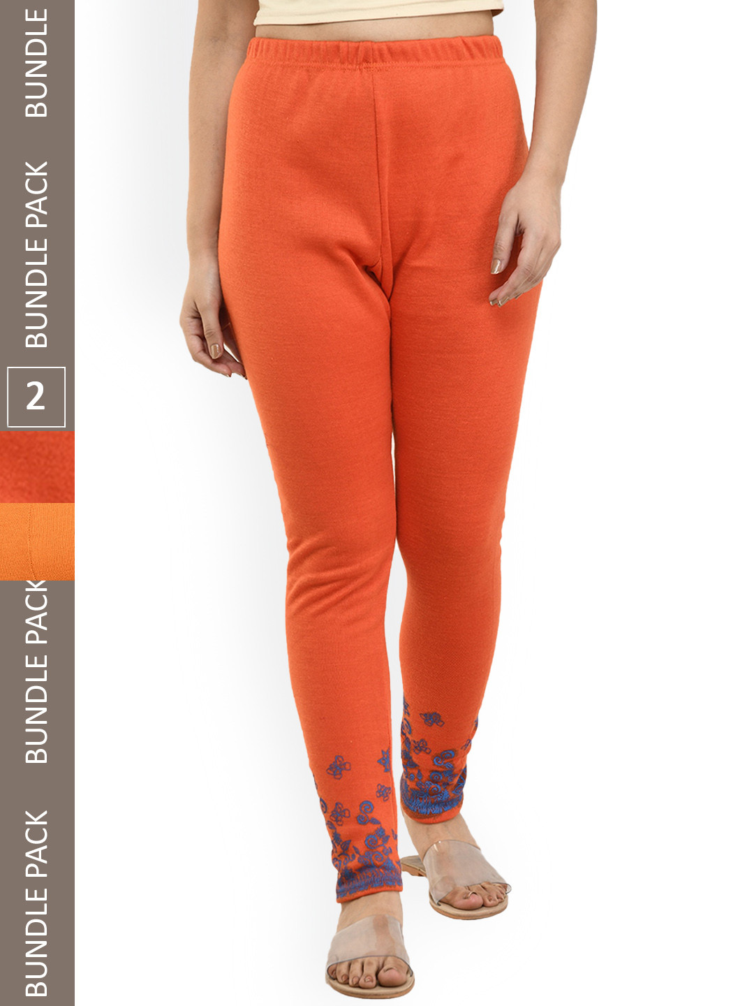

IndiWeaves Pack Of 2 Printed Woolen Warm Ankle Length Leggings, Orange