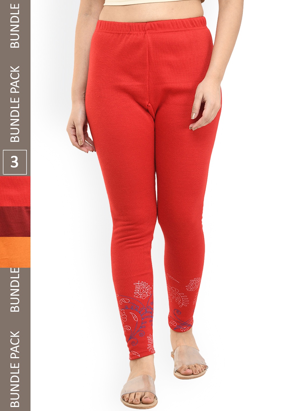 

IndiWeaves Pack Of 3 Printed Woollen Ankle-Length Leggings, Red